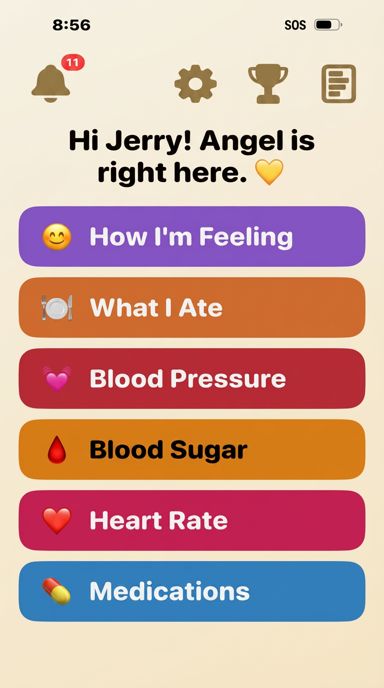 Near & Dear home screen with large buttons for How I'm Feeling, What I Ate, Blood Pressure, Blood Sugar, Heart Rate and Medications.