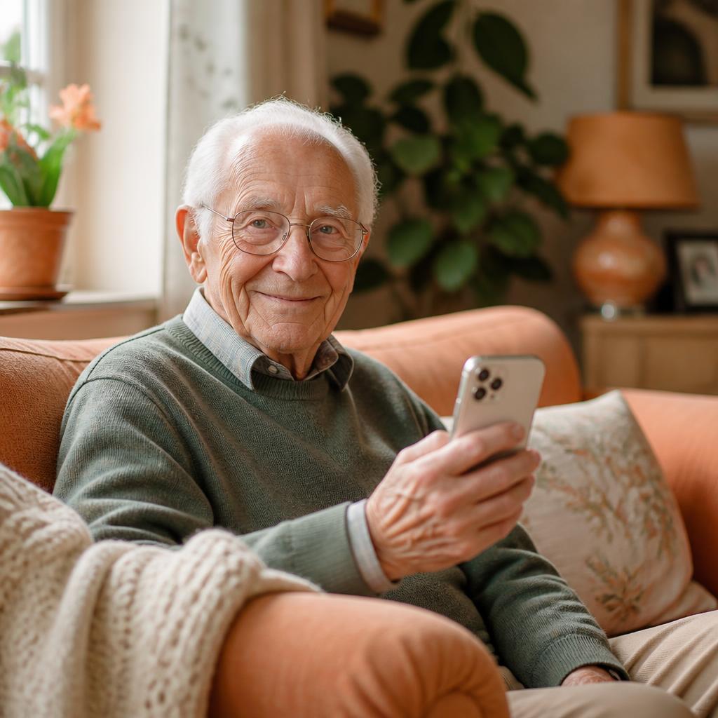 An older adult smiling while using a phone in a warm, sunlit living room